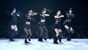Huh Yun-jin, Kim Chae-won, Kazuha, Sakura Miyawaki and Hong Eun-chae from Le Sserafim performs on stage during the MTV EMAs 2024