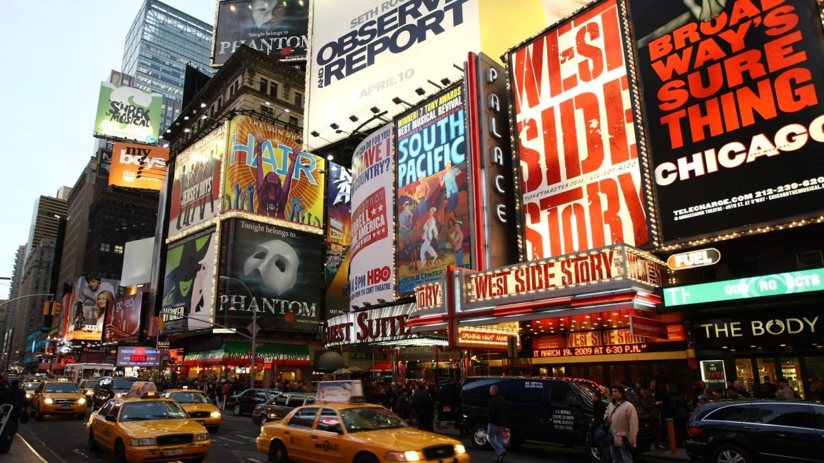 Exterior view of the Palace Theatre at the opening night of "West Side Story" on Broadway