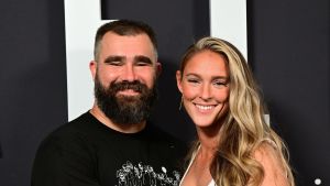 Jason Kelce and Kylie Kelce attend Thursday Night Football Presents The World Premiere of "Kelce" on September 08, 2023 in Philadelphia, Pennsylvania