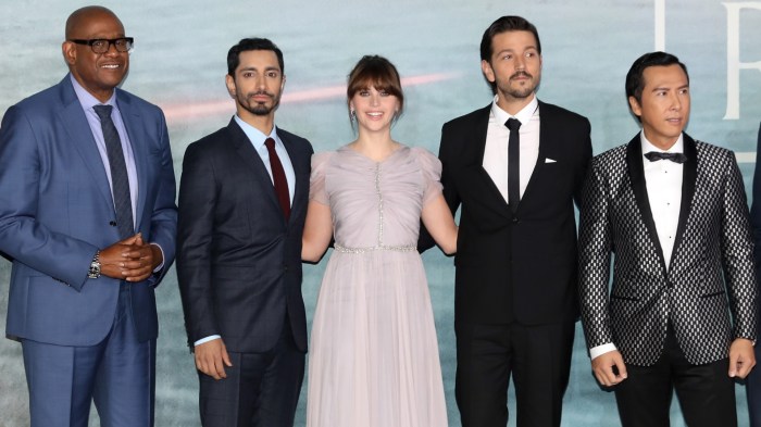 Forest Whitaker, Riz Ahmed, Felicity Jones, Diego Luna and Donnie Yen attend an event
