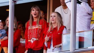 Taylor Swift and Brittany Mahomes react to a touchdown scored by Travis Kelce #87 of the Kansas City Chiefs during the second quarter of the game against the Los Angeles Chargers at GEHA Field at Arrowhead Stadium on October 22, 2023